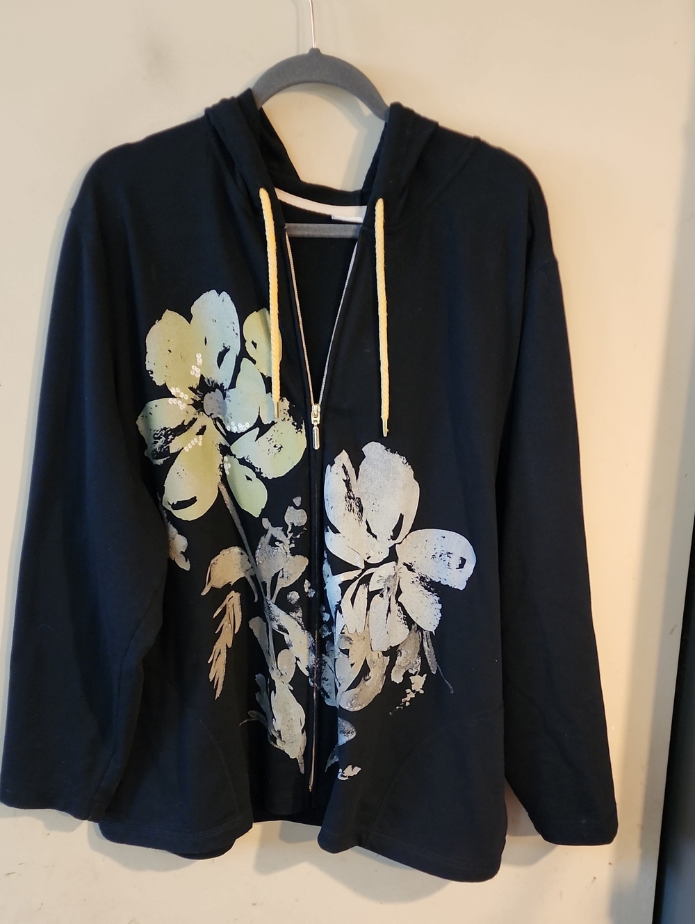 Susan Graver Black Hoodie with Cream Trim